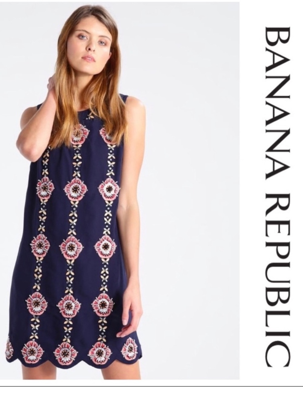 NWTs Banana Republic Sz S navy blue silky sheath with beaded appliqué